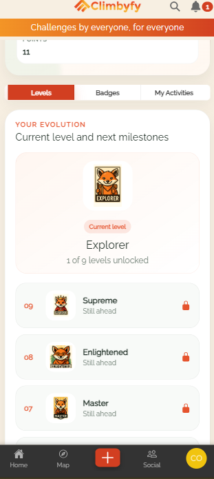 Pantalla de niveles de Climbyfy: nivel Explorer y siguientes hitos