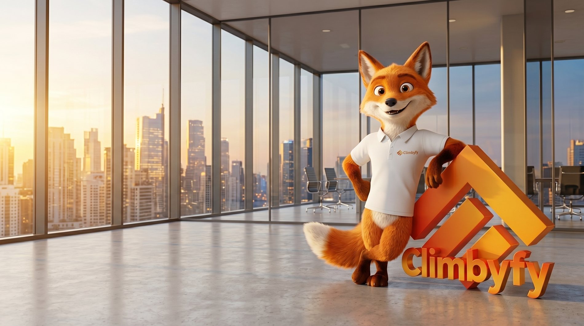 Climby, la mascota de Climbyfy, en un entorno corporativo junto al logo de la marca